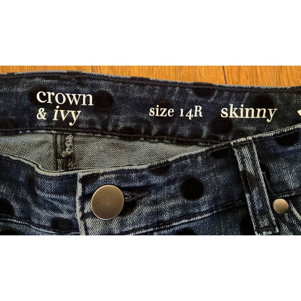 Women's Crown & Ivy Size 14R Skinny Denim Jeans with Black Velvet Raised Circles - Picture 4 of 10